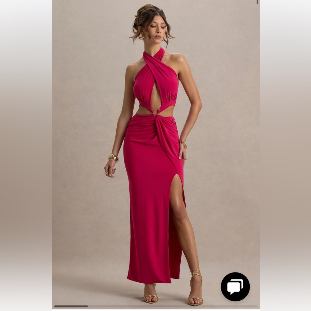 Club L London AURA
HOT PINK HALTER-NECK CUT-OUT SPLIT MAXI DRESS